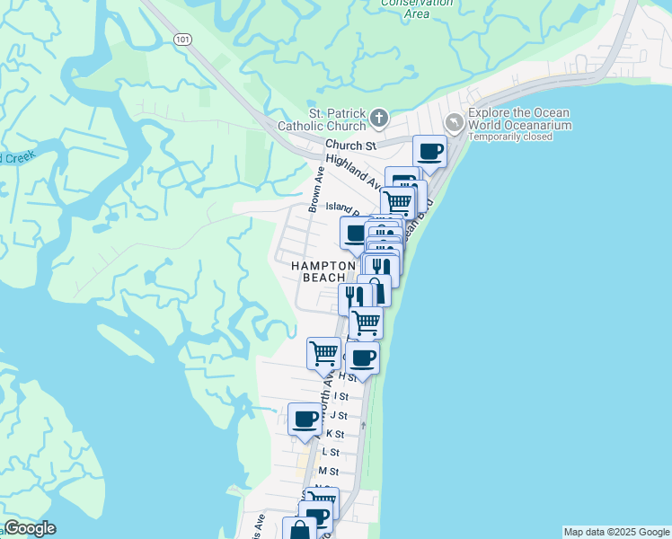 map of restaurants, bars, coffee shops, grocery stores, and more near in Hampton