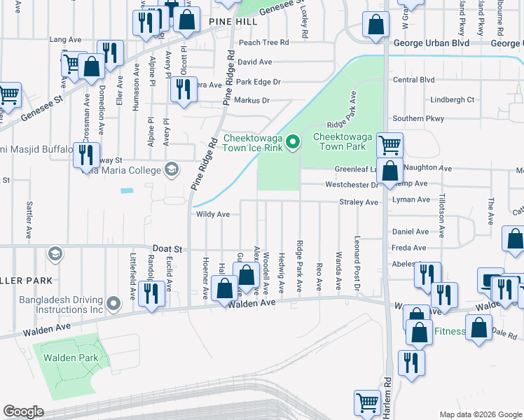 map of restaurants, bars, coffee shops, grocery stores, and more near 116 Straley Avenue in Buffalo