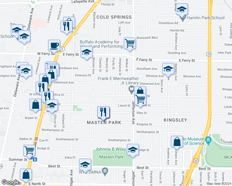 map of restaurants, bars, coffee shops, grocery stores, and more near 63 Purdy Street in Buffalo