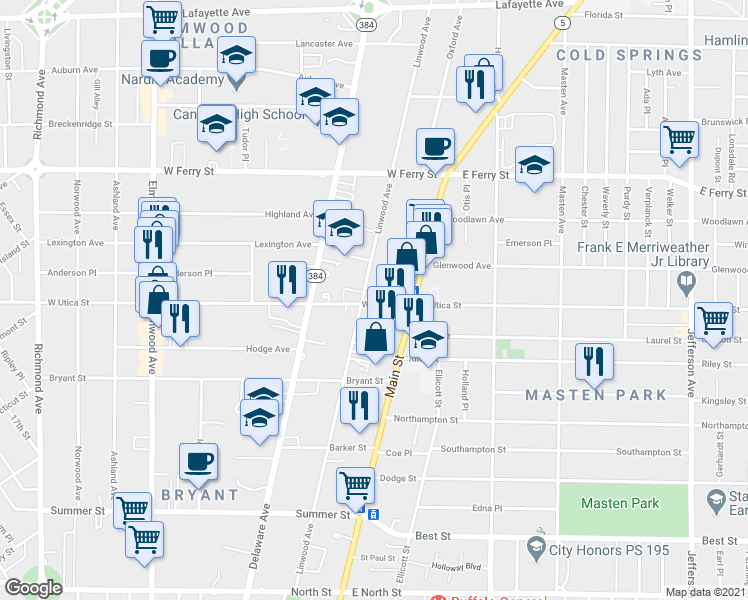 map of restaurants, bars, coffee shops, grocery stores, and more near 355 Linwood Avenue in Buffalo
