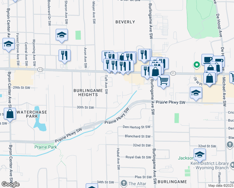 map of restaurants, bars, coffee shops, grocery stores, and more near 2900 Gardentown Drive Southwest in Grand Rapids