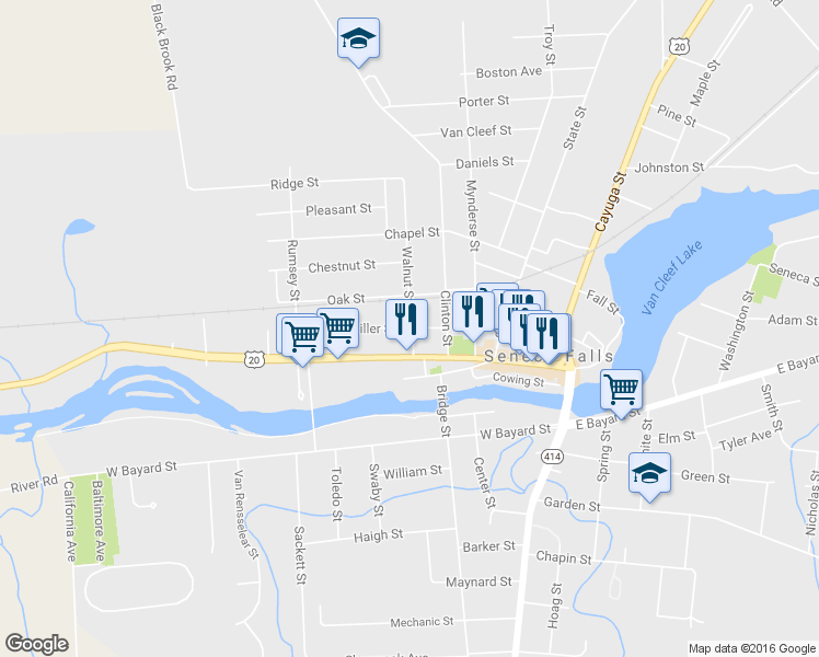 map of restaurants, bars, coffee shops, grocery stores, and more near 13 Miller Street in Seneca Falls