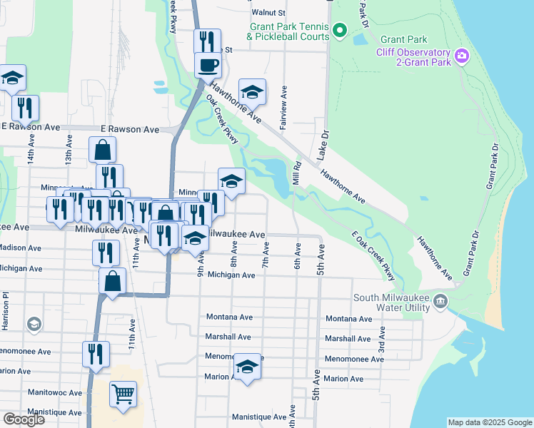 map of restaurants, bars, coffee shops, grocery stores, and more near Monroe Ave & 7th Ave in South Milwaukee
