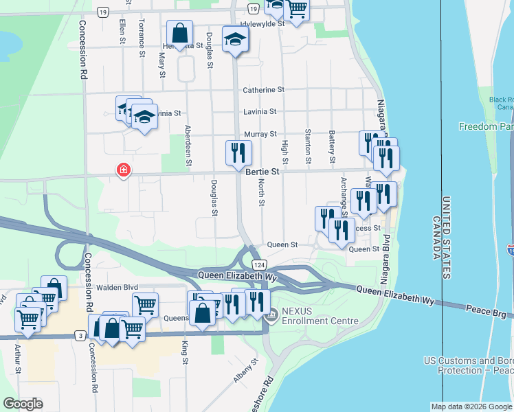 map of restaurants, bars, coffee shops, grocery stores, and more near 126 Central Avenue in Fort Erie