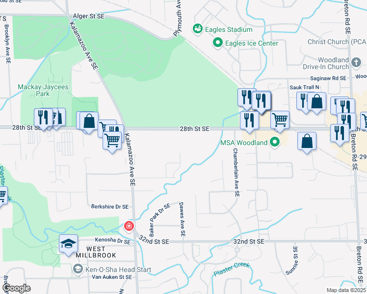 map of restaurants, bars, coffee shops, grocery stores, and more near 2844 Dawes Avenue Southeast in Grand Rapids