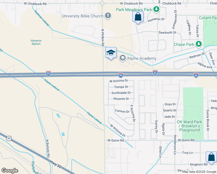 map of restaurants, bars, coffee shops, grocery stores, and more near 1875 North Arizona Drive in Pocatello
