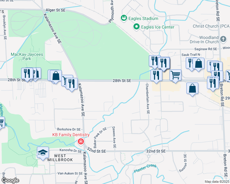 map of restaurants, bars, coffee shops, grocery stores, and more near 2844 Dawes Avenue Southeast in Grand Rapids