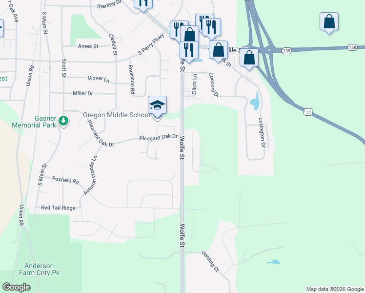 map of restaurants, bars, coffee shops, grocery stores, and more near 1072 Wolfe Street in Oregon