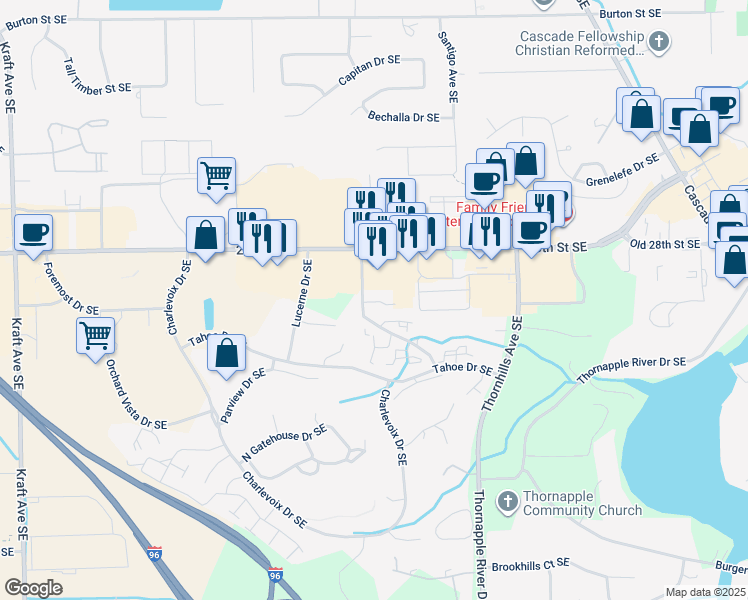 map of restaurants, bars, coffee shops, grocery stores, and more near 6235 Lincolnshire Court Southeast in Grand Rapids