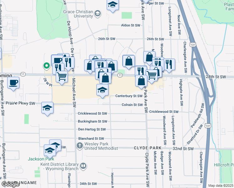 map of restaurants, bars, coffee shops, grocery stores, and more near 939 Canterbury Street Southwest in Wyoming