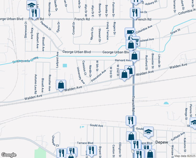 map of restaurants, bars, coffee shops, grocery stores, and more near 83 Princeton Avenue in Depew