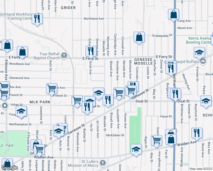 map of restaurants, bars, coffee shops, grocery stores, and more near 304 Bissell Avenue in Buffalo