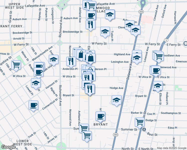 map of restaurants, bars, coffee shops, grocery stores, and more near 159 Anderson Place in Buffalo