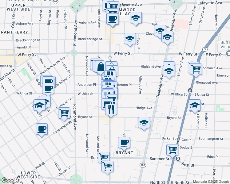 map of restaurants, bars, coffee shops, grocery stores, and more near 159 Anderson Place in Buffalo