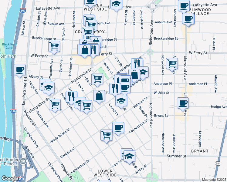 map of restaurants, bars, coffee shops, grocery stores, and more near 30 Shields Avenue in Buffalo