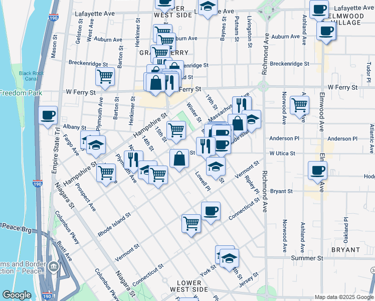 map of restaurants, bars, coffee shops, grocery stores, and more near 30 Shields Avenue in Buffalo