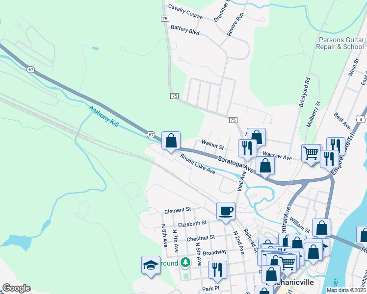 map of restaurants, bars, coffee shops, grocery stores, and more near 288 Saratoga Avenue in Mechanicville