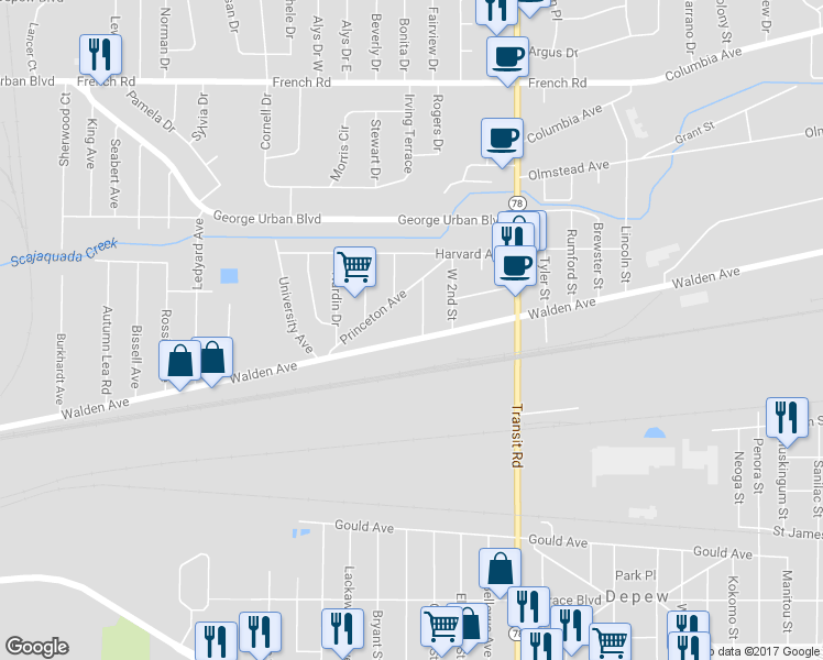 map of restaurants, bars, coffee shops, grocery stores, and more near 3224 Walden Avenue in Depew