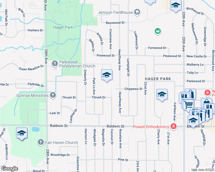 map of restaurants, bars, coffee shops, grocery stores, and more near 2405 Chippewa Street in Georgetown Township