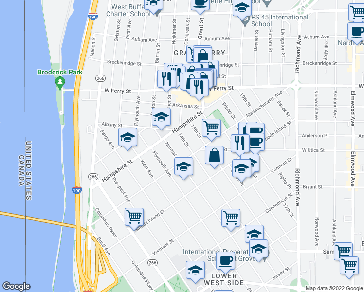 map of restaurants, bars, coffee shops, grocery stores, and more near 456 14th Street in Buffalo