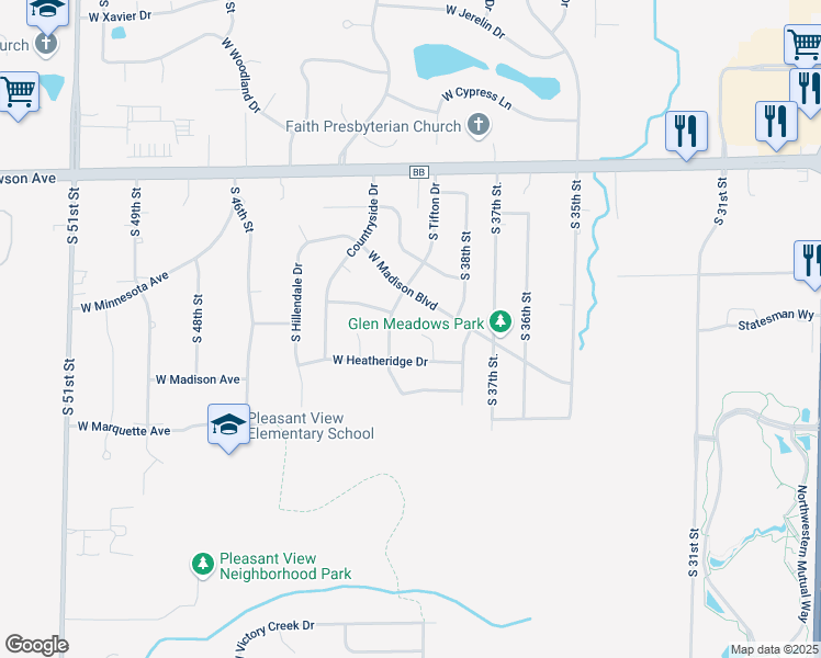 map of restaurants, bars, coffee shops, grocery stores, and more near 3909 West Madison Boulevard in Franklin