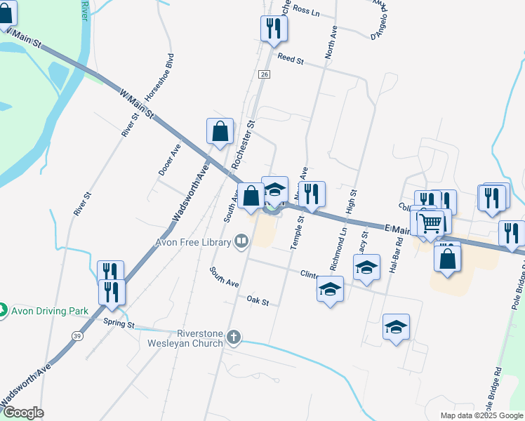 map of restaurants, bars, coffee shops, grocery stores, and more near 112 Genesee Street in Avon