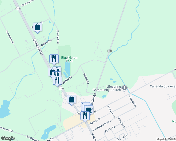 map of restaurants, bars, coffee shops, grocery stores, and more near 5251 Parkside Drive in Canandaigua