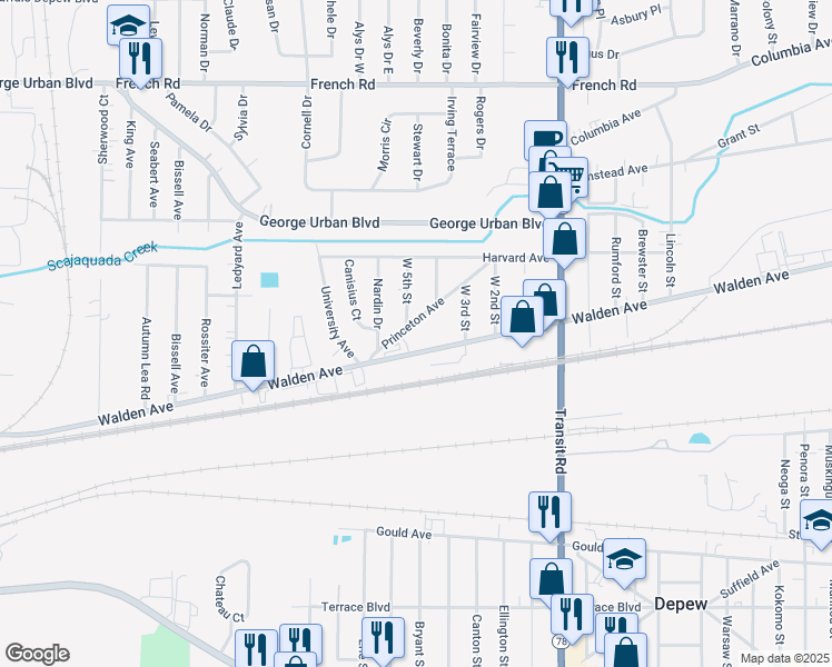 map of restaurants, bars, coffee shops, grocery stores, and more near 83 Princeton Avenue in Depew