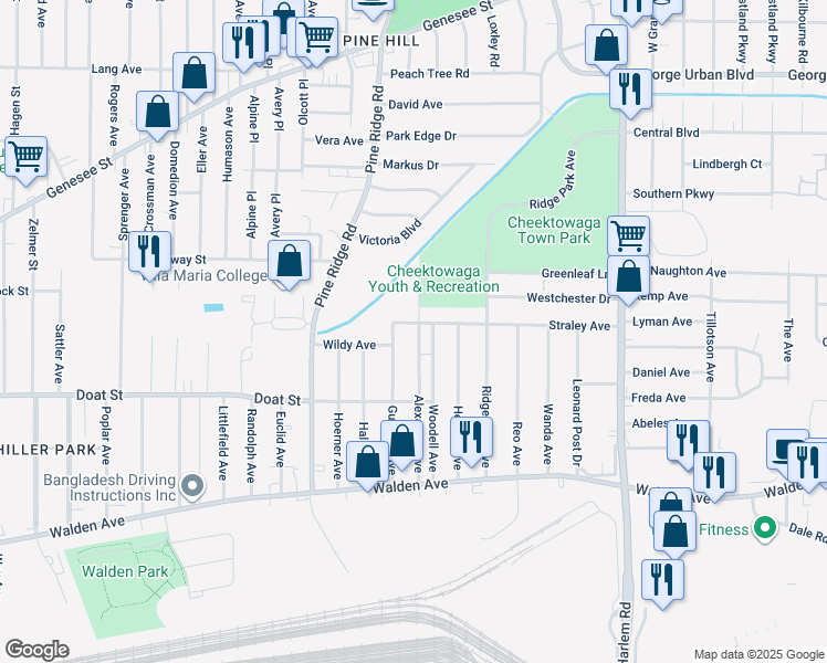 map of restaurants, bars, coffee shops, grocery stores, and more near 116 Straley Avenue in Buffalo