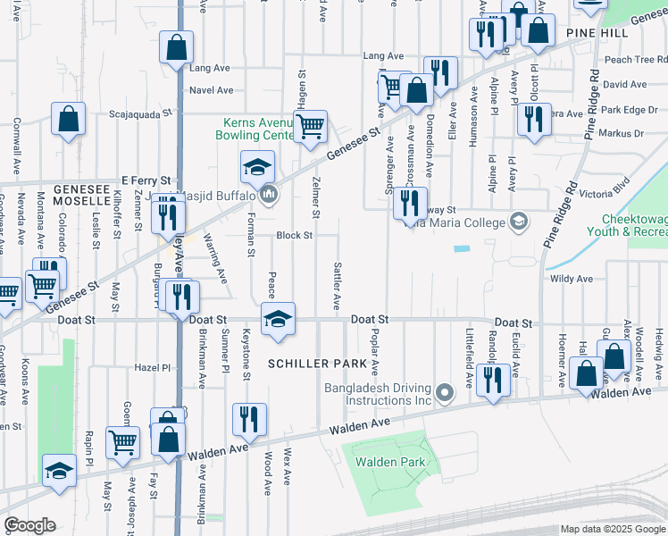 map of restaurants, bars, coffee shops, grocery stores, and more near 75 Zelmer Street in Buffalo