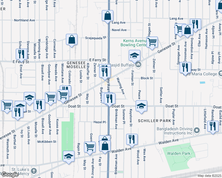 map of restaurants, bars, coffee shops, grocery stores, and more near in Buffalo