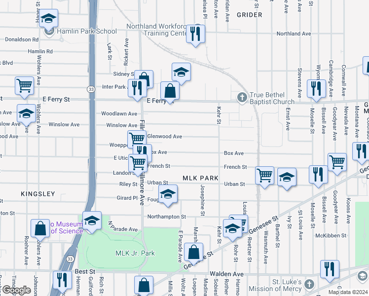 map of restaurants, bars, coffee shops, grocery stores, and more near 795 Glenwood Avenue in Buffalo