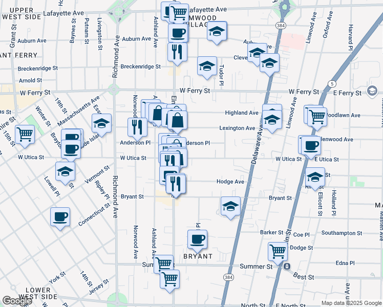 map of restaurants, bars, coffee shops, grocery stores, and more near 159 Anderson Place in Buffalo