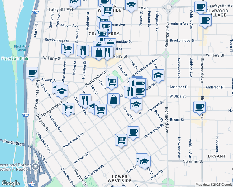 map of restaurants, bars, coffee shops, grocery stores, and more near 335 Massachusetts Avenue in Buffalo