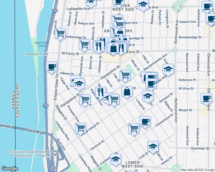 map of restaurants, bars, coffee shops, grocery stores, and more near 456 14th Street in Buffalo