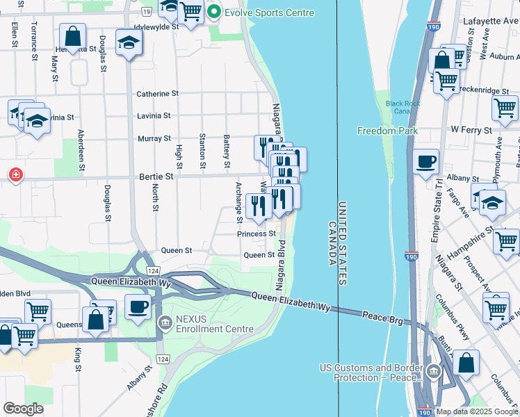 map of restaurants, bars, coffee shops, grocery stores, and more near 125 Waterloo Street in Fort Erie