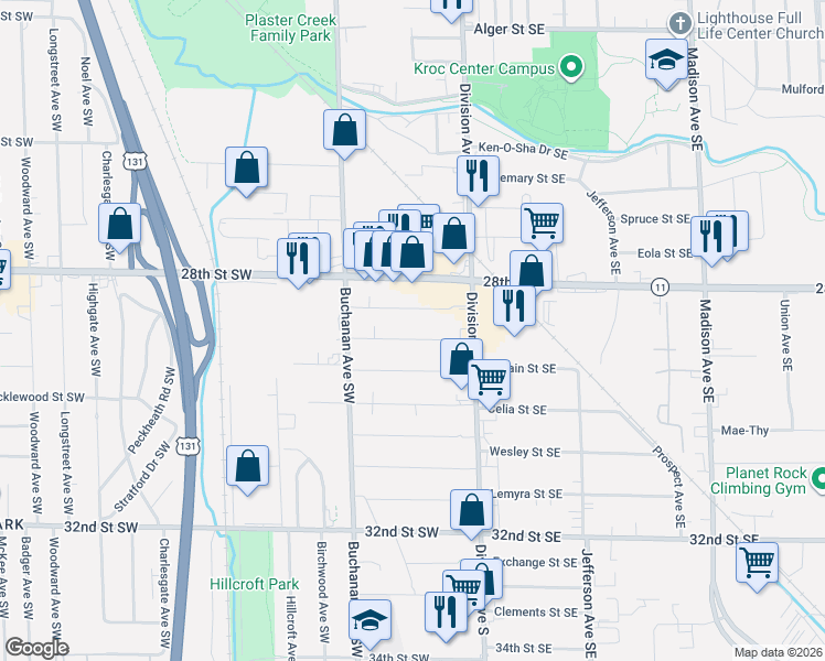 map of restaurants, bars, coffee shops, grocery stores, and more near 48 Honeoye Street Southwest in Grand Rapids