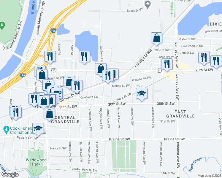 map of restaurants, bars, coffee shops, grocery stores, and more near 2908 Earle Avenue Southwest in Grandville