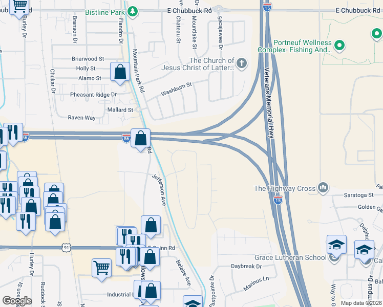 map of restaurants, bars, coffee shops, grocery stores, and more near 1220 Dolostone Drive in Pocatello