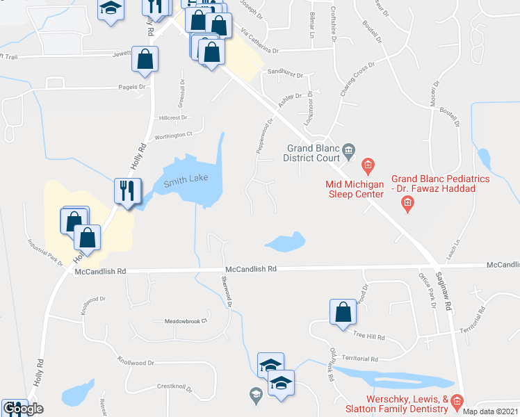 map of restaurants, bars, coffee shops, grocery stores, and more near 4525 Ravenwood Drive in Grand Blanc