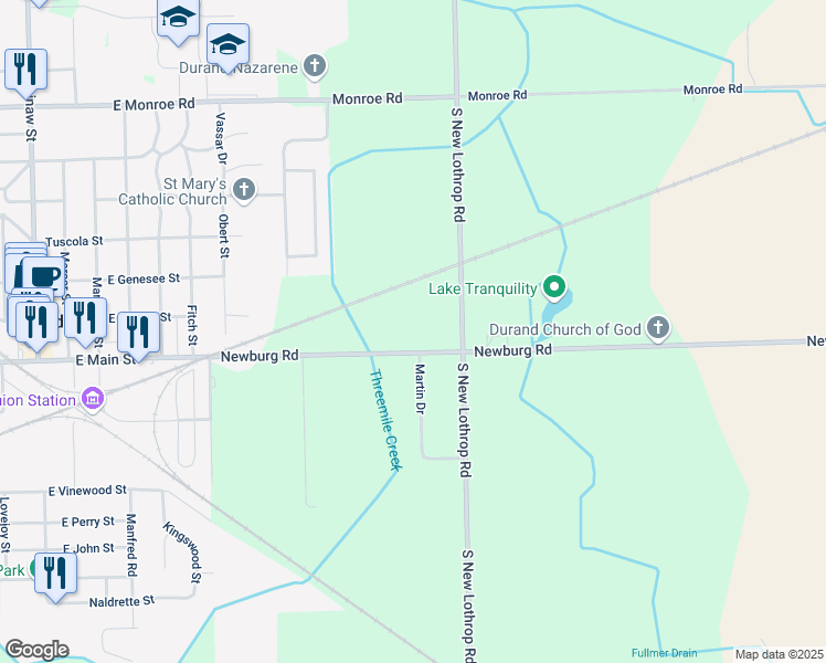 map of restaurants, bars, coffee shops, grocery stores, and more near 9955 Newburg Road in Durand