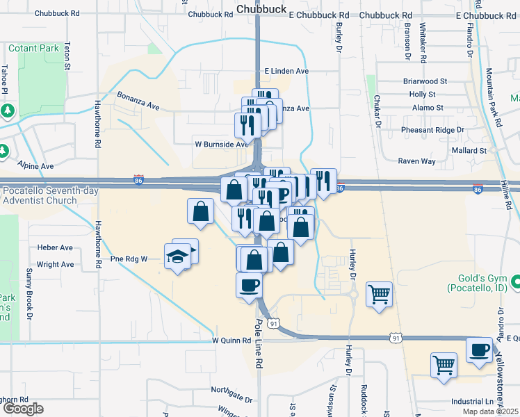 map of restaurants, bars, coffee shops, grocery stores, and more near 150 Bullock Street in Pocatello