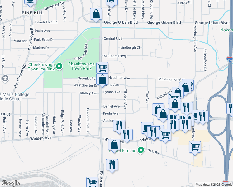 map of restaurants, bars, coffee shops, grocery stores, and more near 60 Lyman Avenue in Buffalo
