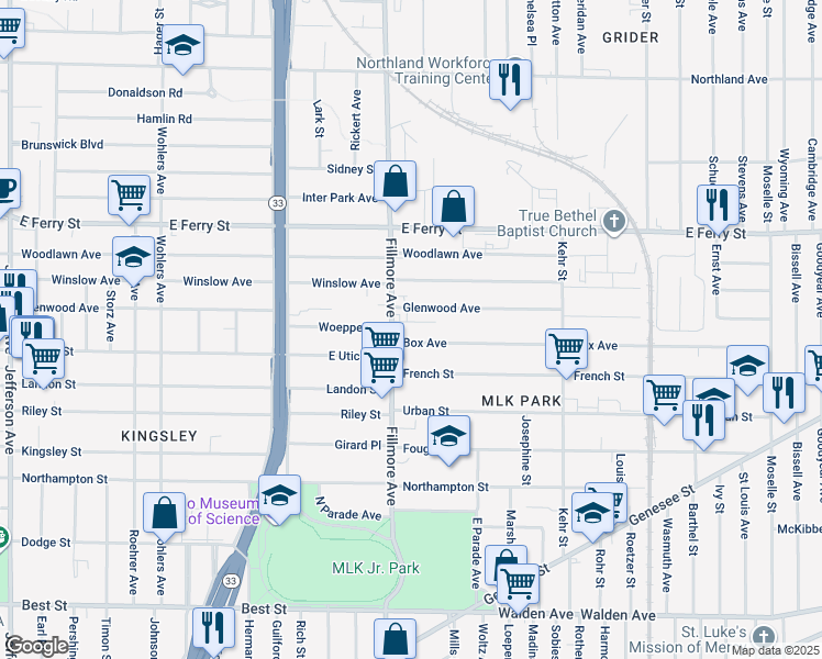 map of restaurants, bars, coffee shops, grocery stores, and more near 24 Roeder Street in Buffalo