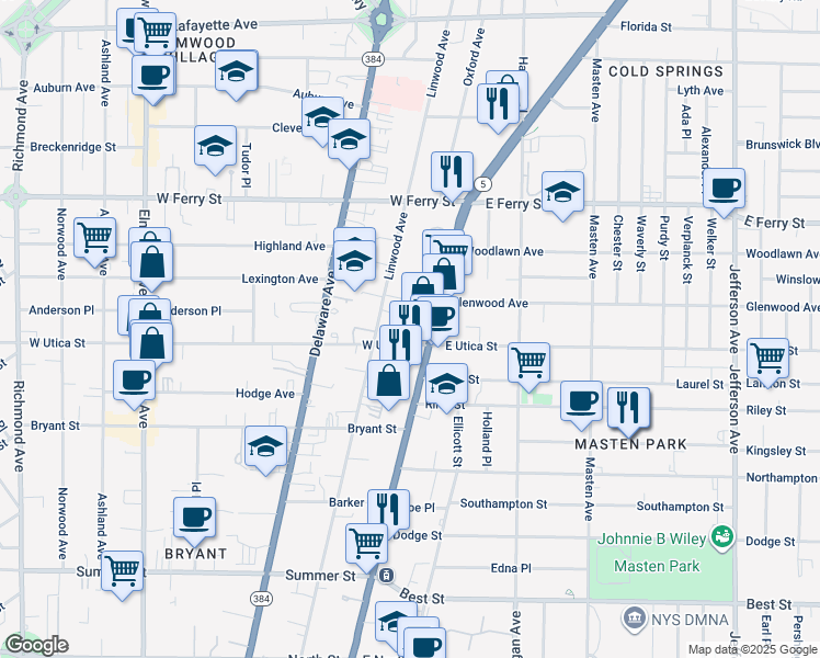 map of restaurants, bars, coffee shops, grocery stores, and more near 355 Linwood Avenue in Buffalo