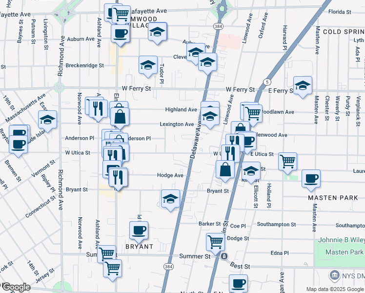 map of restaurants, bars, coffee shops, grocery stores, and more near 1042 Delaware Avenue in Buffalo