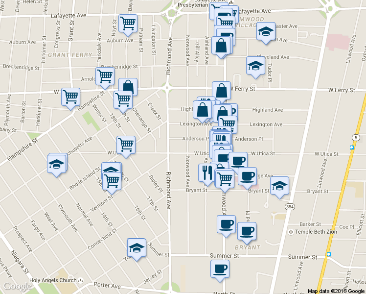 map of restaurants, bars, coffee shops, grocery stores, and more near 262 Norwood Avenue in Buffalo