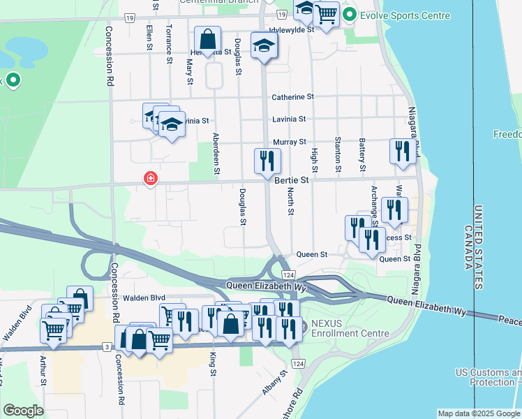 map of restaurants, bars, coffee shops, grocery stores, and more near in Fort Erie