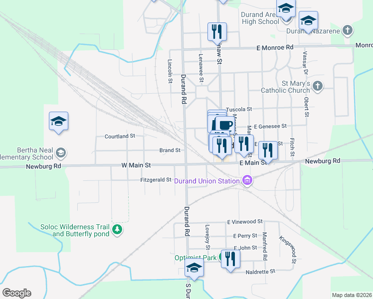 map of restaurants, bars, coffee shops, grocery stores, and more near in Durand