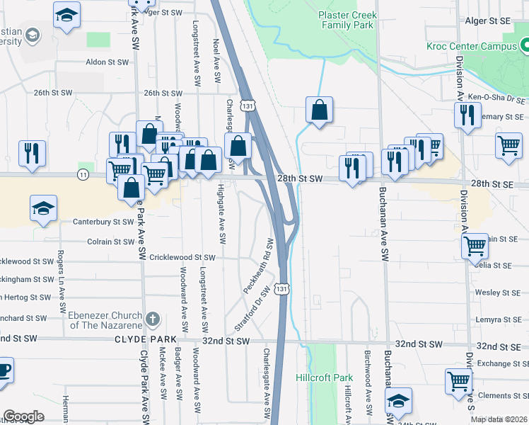 map of restaurants, bars, coffee shops, grocery stores, and more near 2815 Chiswick Avenue Southwest in Wyoming